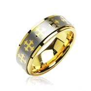 Tungsten Carbide PVD Gold and Brushed Ring with Cross Decorations