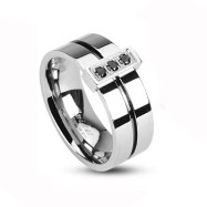 316L Stainless Steel 2 Tone Ring with Grooved black Center with 3 black CZs