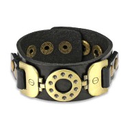 Black Leather Bracelet With Vintage Steel Buckle Charm