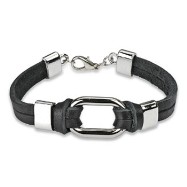 Black Leather Bracelet With Steel Link Center Accent