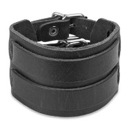 Black Leather Bracelet with Double Strap Belt Buckle