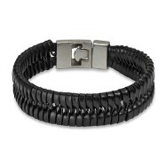 Black Leather Bracelet With Locking Braided Scale Design