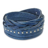 Blue Leather Multi-Wrap Bracelet With Multi Studded Weaved End Design