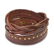 Brown Leather Multi-Wrap Bracelet With Multi Studded Weaved End Design