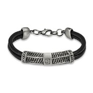 Black Double String Leather Bracelet With G Scaled Steel Center Charm