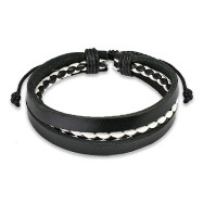 Black Leather Bracelet With Black & White 2 Tone Braided Center