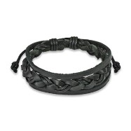 Black Leather Bracelet With Double Strings Weaved Center
