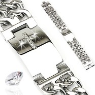 316L Stainless Steel Bracelet With Gem Paved Cross Plate & Double Chains On Each Side