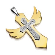 316L Stainless Steel Gold Tone Angelic Cross with Multi-Gem Cross In The Middle