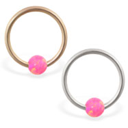 14K Gold captive bead ring with pink opal ball