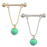 14K Gold nipple ring with dangling green opal ball on chain, 14 ga