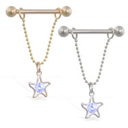 14K Gold nipple ring with dangling star on chain, 14 ga