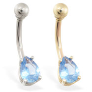 14K Gold belly ring with small aquamarine teardrop CZ