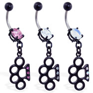 Black coated jeweled belly ring with dangling jeweled brass knuckles