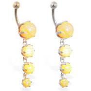 14K Gold belly ring with quadruple yellow opal dangle