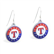 Sterling Silver Earrings With Official Licensed Pewter MLB Charms, Texas Rangers