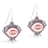 Sterling Silver Earrings With Official Licensed Pewter MLB Charms, Cincinnati Reds