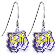 Sterling Silver Earrings With Official Licensed Pewter NCAA Charm, Louisiana State University Tiger