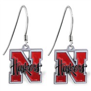 Sterling Silver Earrings With Official Licensed Pewter NCAA Charm,University Of Nebraska Cornhuskers