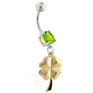 Belly ring with dangling gold colored four leaf clover