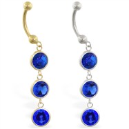 14K Gold belly ring with triple dangling round Sapphire