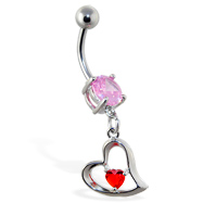 Navel ring with dangling red jeweled heart