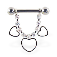 Nipple ring with dangling jeweled chain and hollow hearts, 12 ga or 14 ga