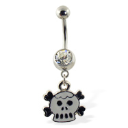 Belly ring with dangling cartoon skull and crossbones