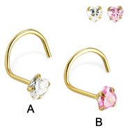 14K Yellow Gold Nose Screw  with Heart -Shaped Cubic Zirconia, 22 Ga