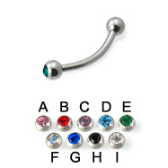 Double Jeweled Curved Barbell Eyebrow Ring, 16 Ga