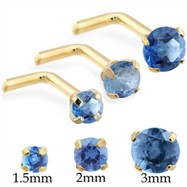 14K Gold L-shaped nose pin with Round Blue Zircon