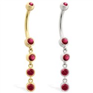 14K Gold belly ring with quadruple Ruby dangle