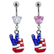 Steel Navel Ring with American Flag Peace Hand