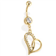 14kt Gold Tone Navel Ring with Multi Paved Heart