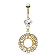 Circle with Gem Paved Edge Dangle Gold Tone Navel Ring