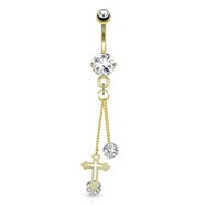 Cross with Large Round CZ Attached By Chain String Dangle Gold Tone Navel Ring