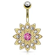 Paved Gems Flower with Center CZ Gold Toned Navel Ring