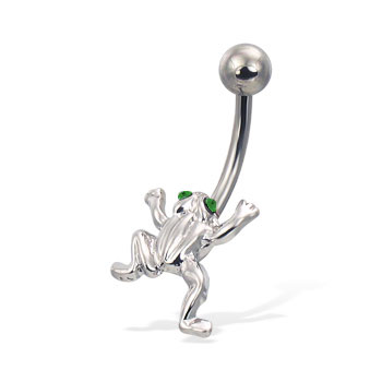 Frog belly button ring with green jeweled eyes
