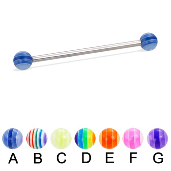 Long barbell (industrial barbell) with acrylic layered balls, 12 ga