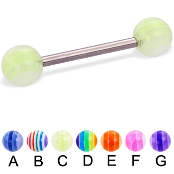 Titanium straight barbell with acrylic layered balls, 14 ga