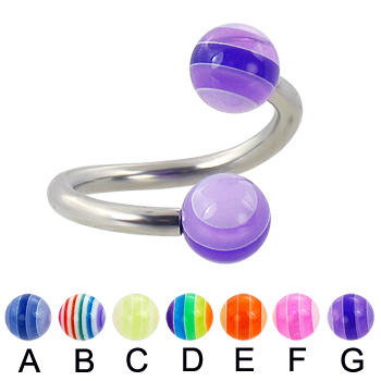 Spiral barbell with acrylic layered balls, 12 ga