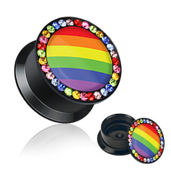 Pair Of Double Flared Acrylic Jeweled Saddle Plugs with Rainbow Striped Center