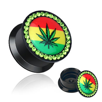 Pair Of Black Double Flared Jeweled Acrylic Plugs with Pot Leaf Center