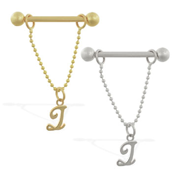 14K Gold nipple ring with dangling cursive initial Z, 14 ga
