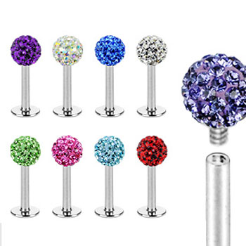 Internally threaded stainless steel labret stud with crystal paved ball, 16 ga