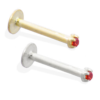 14K Gold internally threaded labret with ruby red 1mm CZ