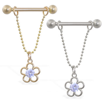 14K Gold nipple ring with dangling jeweled flower, 14ga