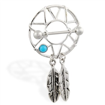 Nipple shield with turquoise stone and dangling feathers, 14 ga