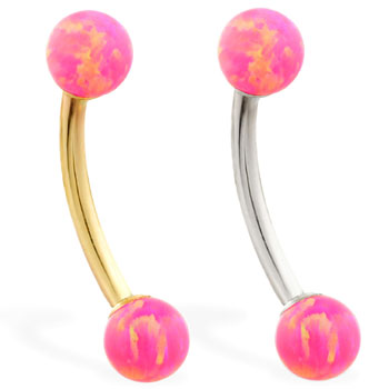14K Gold curved barbell with Pink opal balls