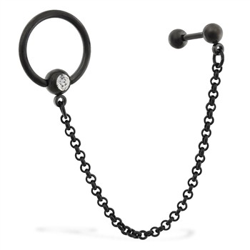 16 Gauge Black Coated Straight Barbell with 14 Gauge Jeweled Captive Ring On Chain